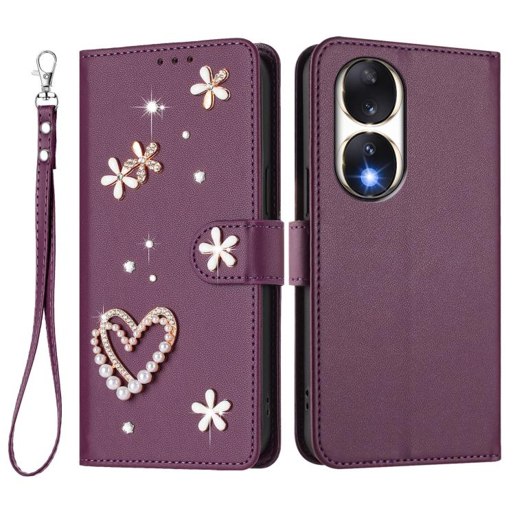 For Honor 90 5G ZS01 Double-Layer Heart Floral Vegan Leather Phone Case with Wrist Strap