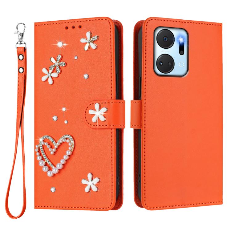 For Honor X7a 4G / Play7T 5G ZS01 Double-Layer Heart Floral Vegan Leather Phone Case with Wrist Strap