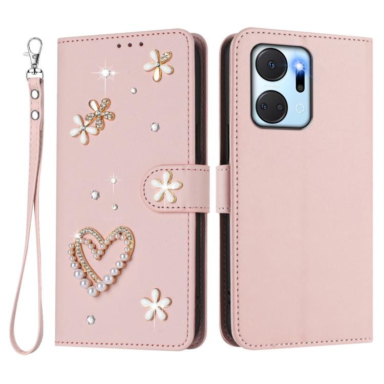 For Honor X7a 4G / Play7T 5G ZS01 Double-Layer Heart Floral Vegan Leather Phone Case with Wrist Strap