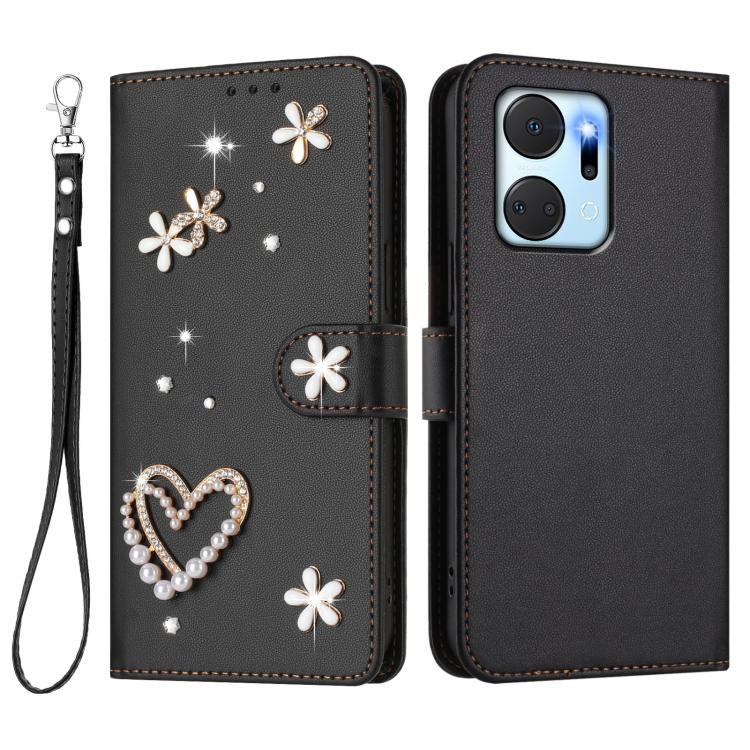 For Honor X7a 4G / Play7T 5G ZS01 Double-Layer Heart Floral Vegan Leather Phone Case with Wrist Strap