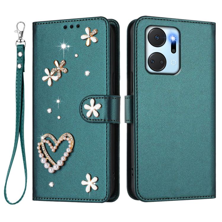 For Honor X7a 4G / Play7T 5G ZS01 Double-Layer Heart Floral Vegan Leather Phone Case with Wrist Strap