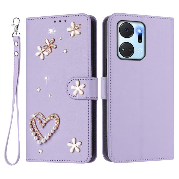 For Honor X7a 4G / Play7T 5G ZS01 Double-Layer Heart Floral Vegan Leather Phone Case with Wrist Strap