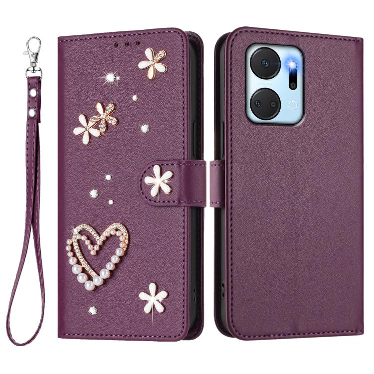For Honor X7a 4G / Play7T 5G ZS01 Double-Layer Heart Floral Vegan Leather Phone Case with Wrist Strap