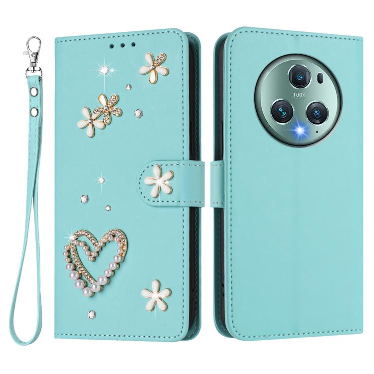 For Honor Magic5 Pro ZS01 Double-Layer Heart Floral Vegan Leather Phone Case with Wrist Strap
