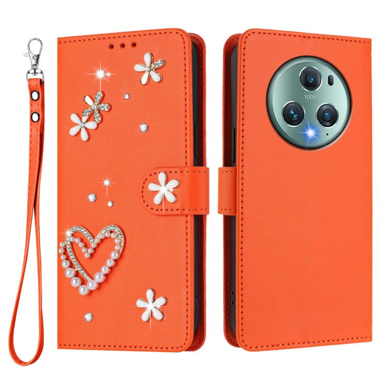 For Honor Magic5 Pro ZS01 Double-Layer Heart Floral Vegan Leather Phone Case with Wrist Strap