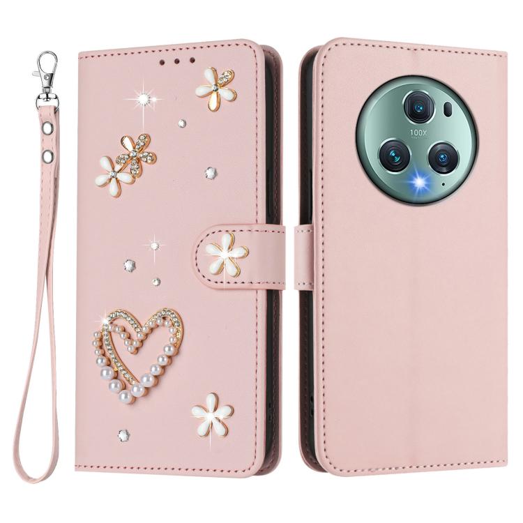 For Honor Magic5 Pro ZS01 Double-Layer Heart Floral Vegan Leather Phone Case with Wrist Strap