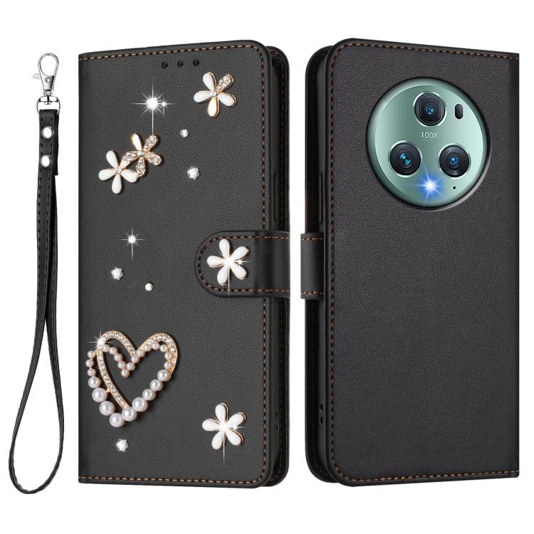 For Honor Magic5 Pro ZS01 Double-Layer Heart Floral Vegan Leather Phone Case with Wrist Strap
