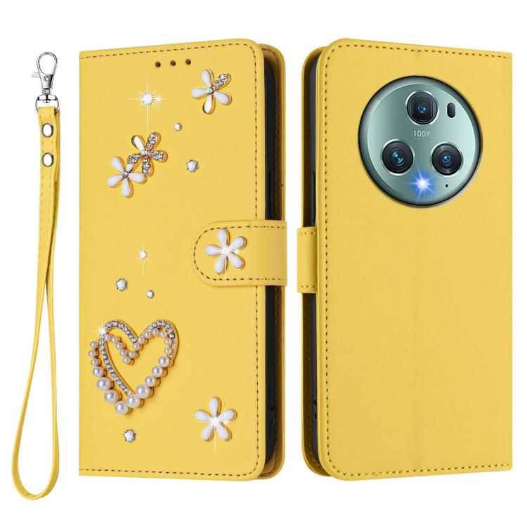 For Honor Magic5 Pro ZS01 Double-Layer Heart Floral Vegan Leather Phone Case with Wrist Strap