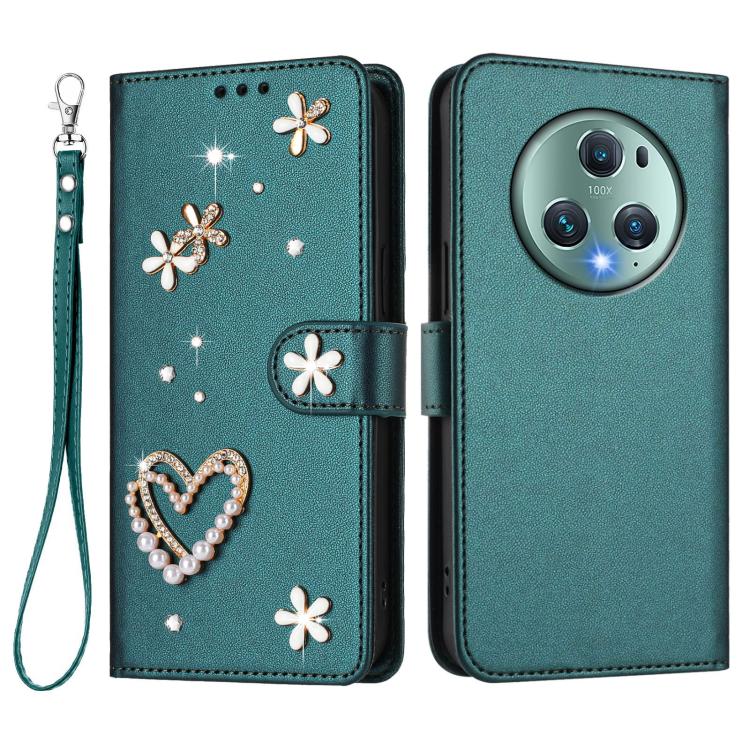 For Honor Magic5 Pro ZS01 Double-Layer Heart Floral Vegan Leather Phone Case with Wrist Strap