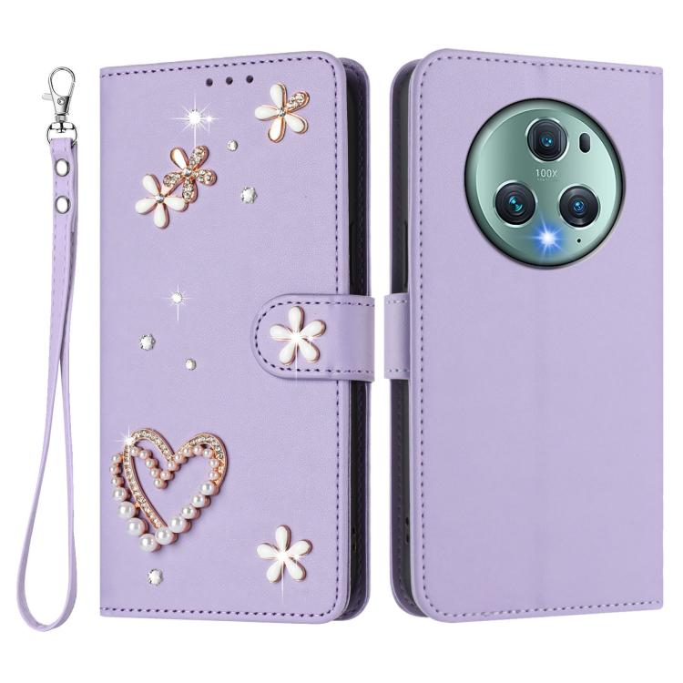 For Honor Magic5 Pro ZS01 Double-Layer Heart Floral Vegan Leather Phone Case with Wrist Strap