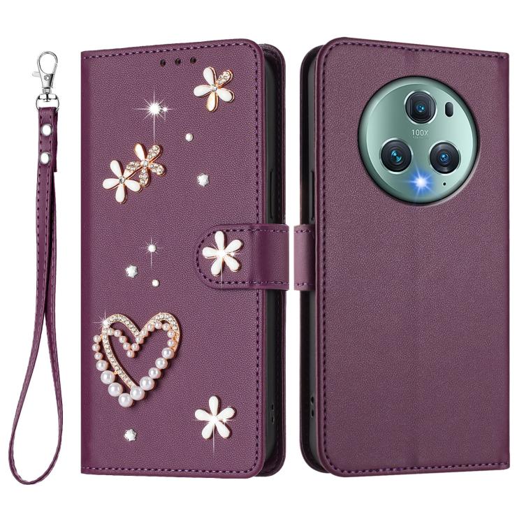 For Honor Magic5 Pro ZS01 Double-Layer Heart Floral Vegan Leather Phone Case with Wrist Strap