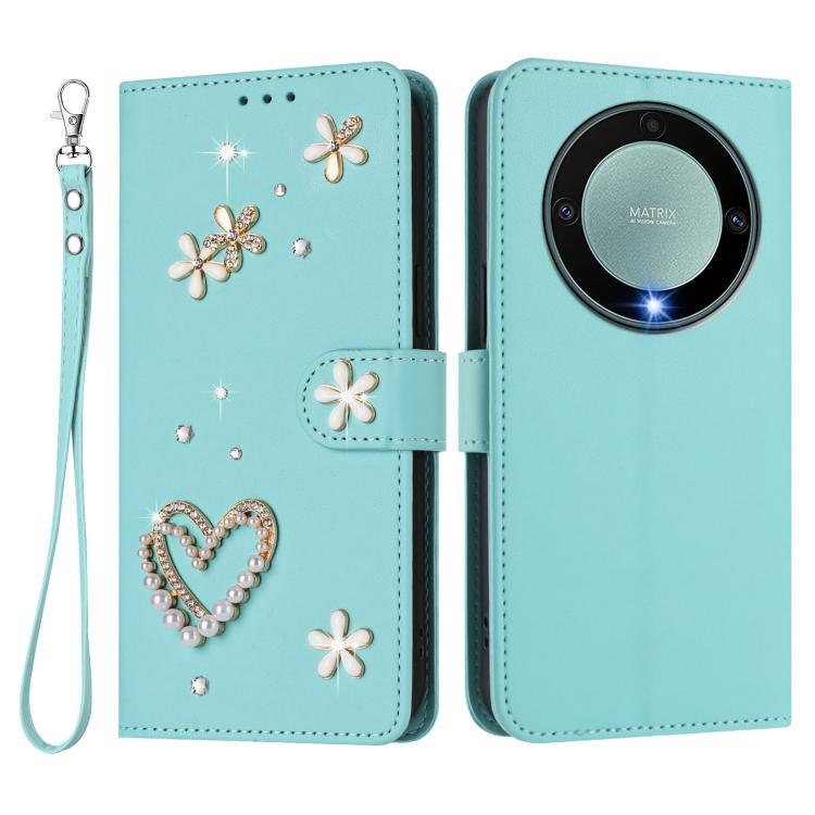 For Honor X9a 5G / Magic5 Lite / X40 5G ZS01 Double-Layer Heart Floral Vegan Leather Phone Case with Wrist Strap