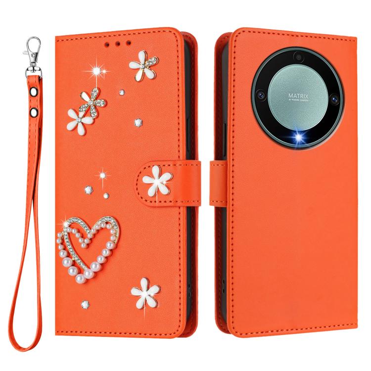For Honor X9a 5G / Magic5 Lite / X40 5G ZS01 Double-Layer Heart Floral Vegan Leather Phone Case with Wrist Strap