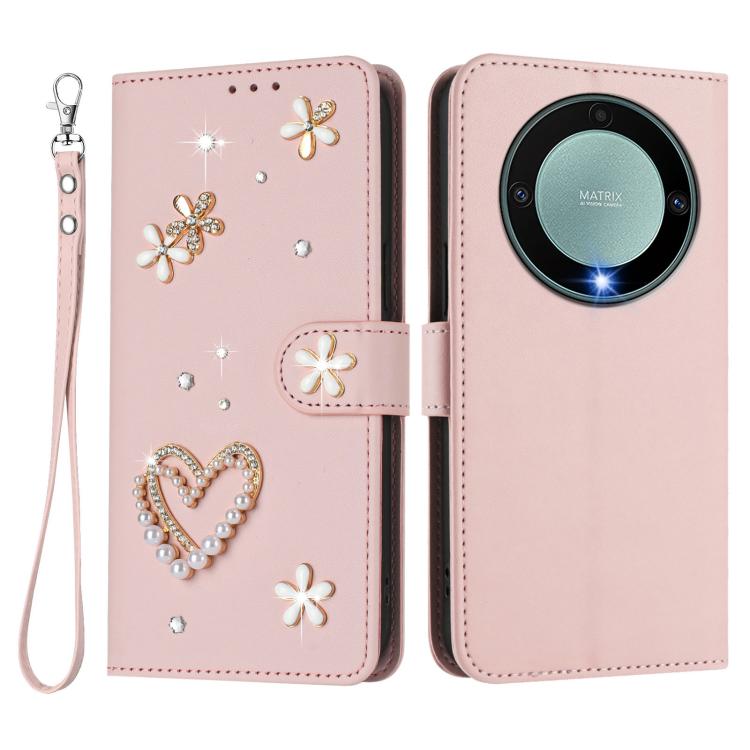 For Honor X9a 5G / Magic5 Lite / X40 5G ZS01 Double-Layer Heart Floral Vegan Leather Phone Case with Wrist Strap