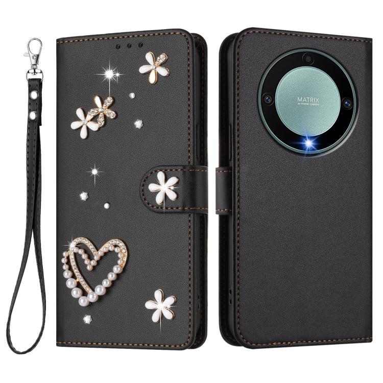 For Honor X9a 5G / Magic5 Lite / X40 5G ZS01 Double-Layer Heart Floral Vegan Leather Phone Case with Wrist Strap