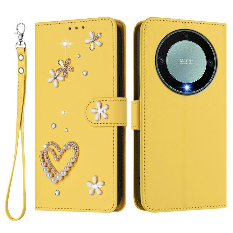 For Honor X9a 5G / Magic5 Lite / X40 5G ZS01 Double-Layer Heart Floral Vegan Leather Phone Case with Wrist Strap