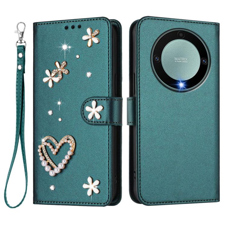 For Honor X9a 5G / Magic5 Lite / X40 5G ZS01 Double-Layer Heart Floral Vegan Leather Phone Case with Wrist Strap