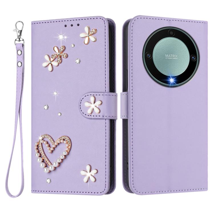 For Honor X9a 5G / Magic5 Lite / X40 5G ZS01 Double-Layer Heart Floral Vegan Leather Phone Case with Wrist Strap