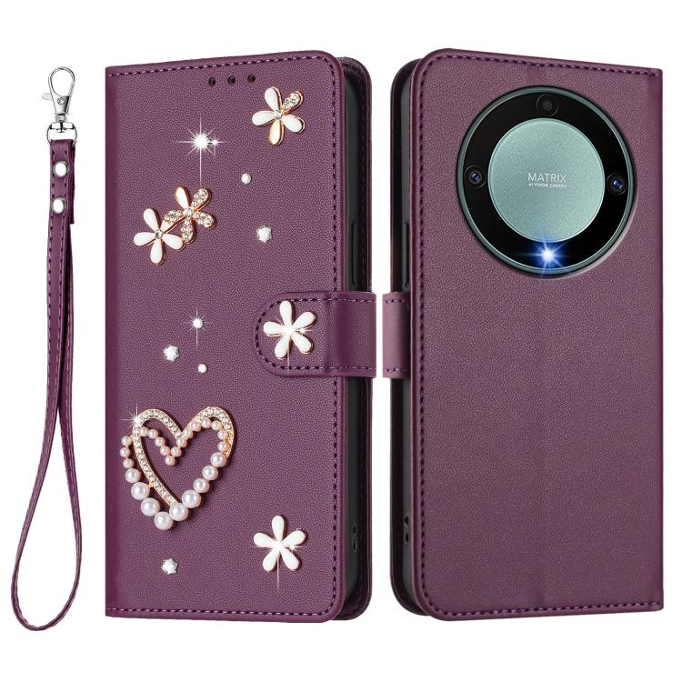 For Honor X9a 5G / Magic5 Lite / X40 5G ZS01 Double-Layer Heart Floral Vegan Leather Phone Case with Wrist Strap