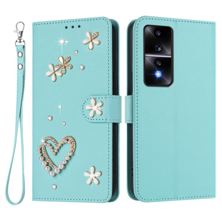 For Honor 80 GT 5G ZS01 Double-Layer Heart Floral Vegan Leather Phone Case with Wrist Strap