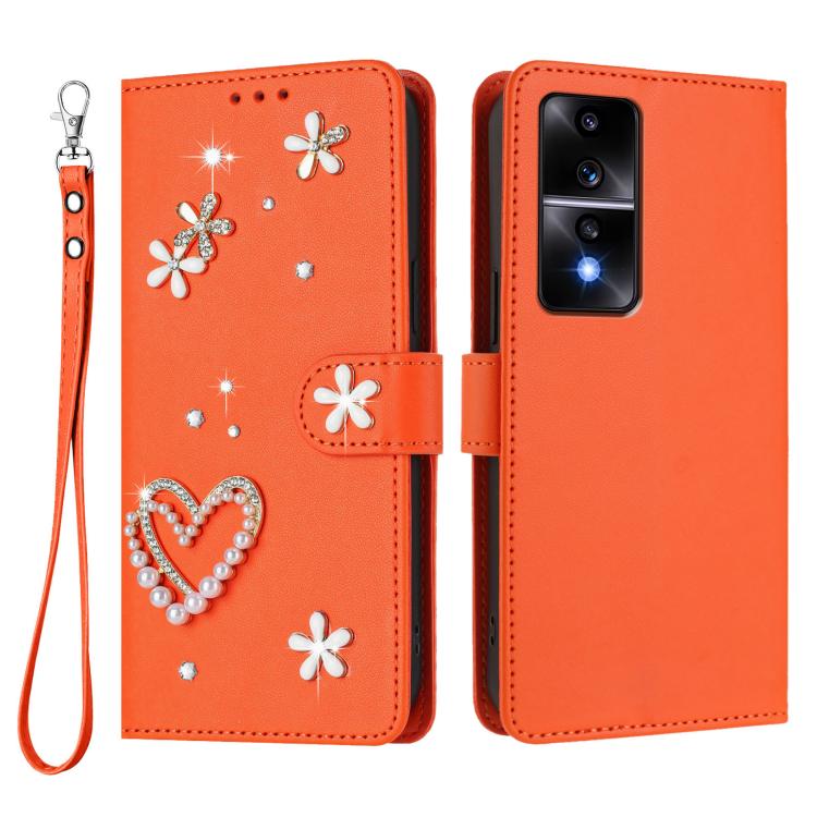 For Honor 80 GT 5G ZS01 Double-Layer Heart Floral Vegan Leather Phone Case with Wrist Strap