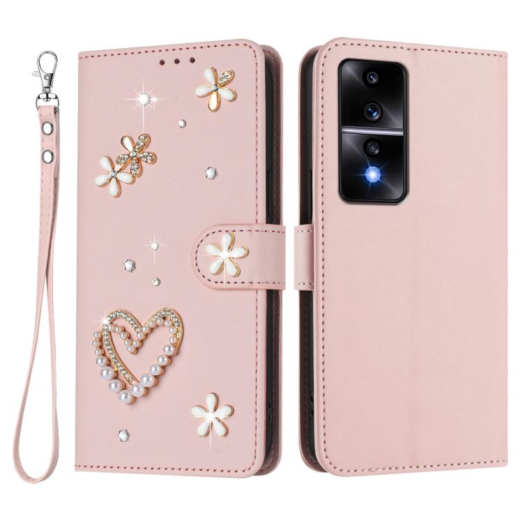For Honor 80 GT 5G ZS01 Double-Layer Heart Floral Vegan Leather Phone Case with Wrist Strap