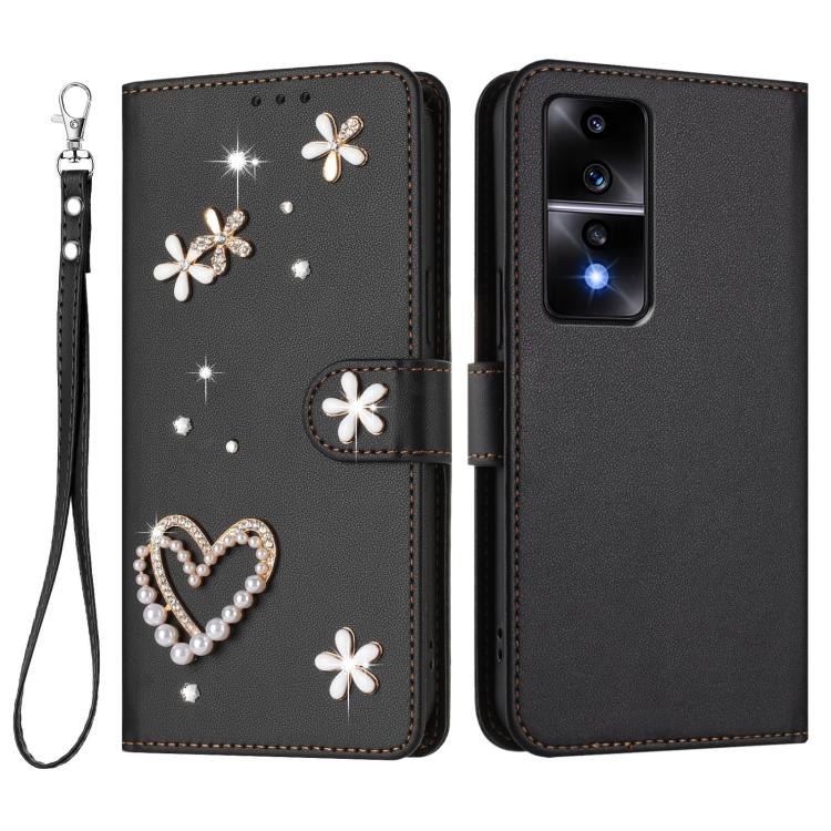 For Honor 80 GT 5G ZS01 Double-Layer Heart Floral Vegan Leather Phone Case with Wrist Strap
