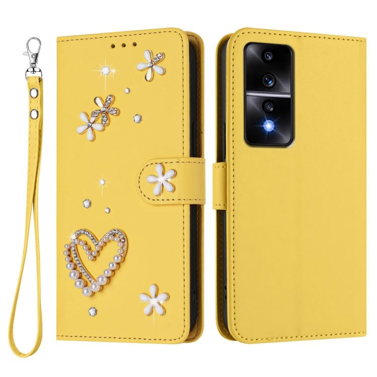 For Honor 80 GT 5G ZS01 Double-Layer Heart Floral Vegan Leather Phone Case with Wrist Strap