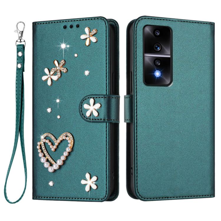 For Honor 80 GT 5G ZS01 Double-Layer Heart Floral Vegan Leather Phone Case with Wrist Strap