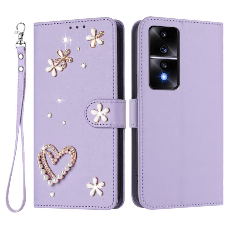 For Honor 80 GT 5G ZS01 Double-Layer Heart Floral Vegan Leather Phone Case with Wrist Strap