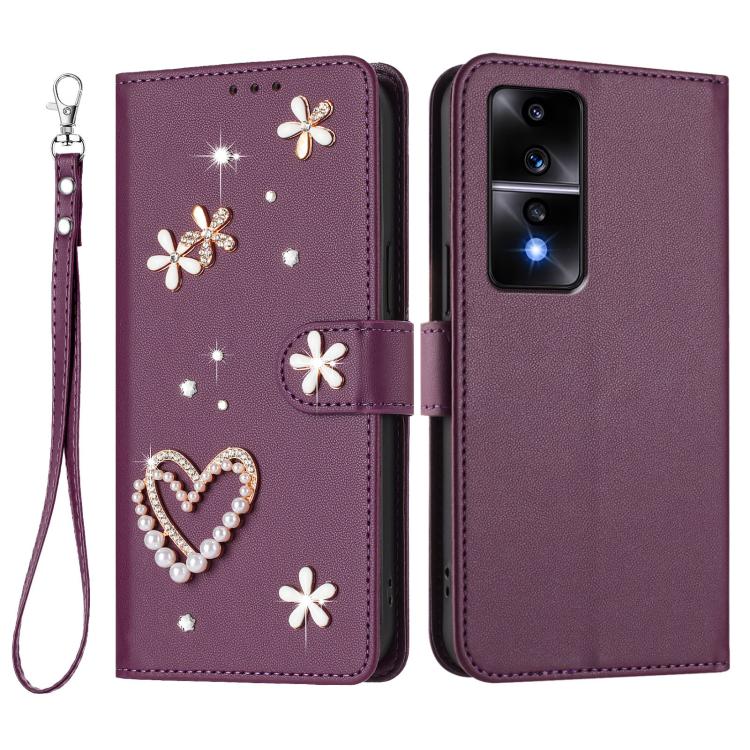 For Honor 80 GT 5G ZS01 Double-Layer Heart Floral Vegan Leather Phone Case with Wrist Strap