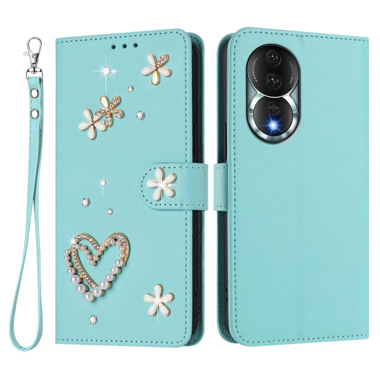 For Honor 80 5G ZS01 Double-Layer Heart Floral Vegan Leather Phone Case with Wrist Strap