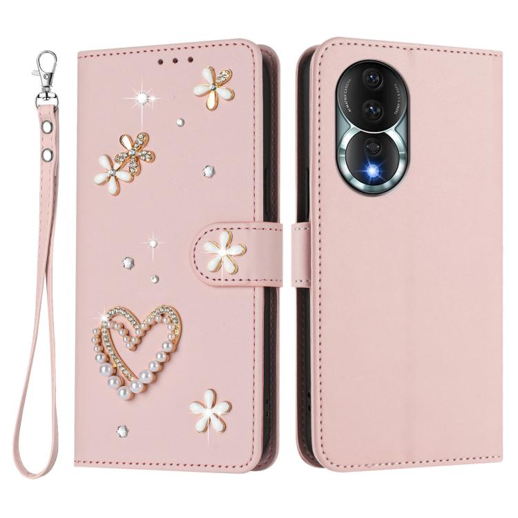 For Honor 80 5G ZS01 Double-Layer Heart Floral Vegan Leather Phone Case with Wrist Strap