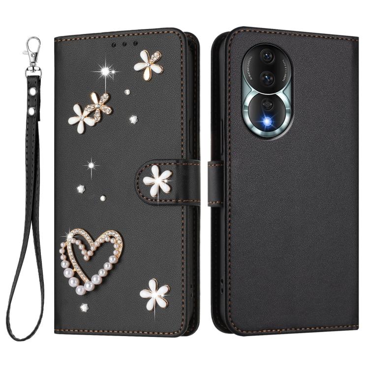 For Honor 80 5G ZS01 Double-Layer Heart Floral Vegan Leather Phone Case with Wrist Strap