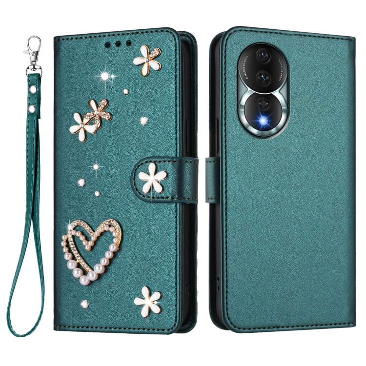 For Honor 80 5G ZS01 Double-Layer Heart Floral Vegan Leather Phone Case with Wrist Strap