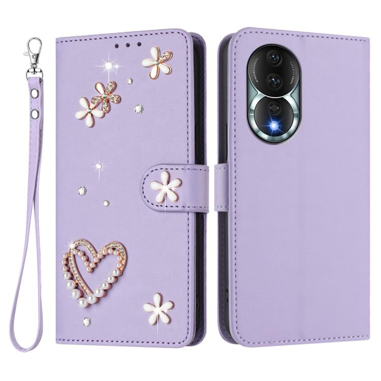 For Honor 80 5G ZS01 Double-Layer Heart Floral Vegan Leather Phone Case with Wrist Strap