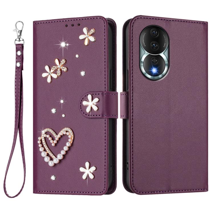 For Honor 80 5G ZS01 Double-Layer Heart Floral Vegan Leather Phone Case with Wrist Strap
