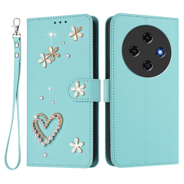 For Oukitel C5 4G ZS01 Double-Layer Heart Floral Vegan Leather Phone Case with Wrist Strap
