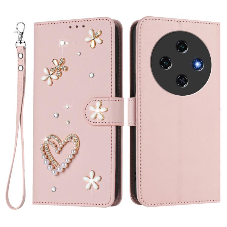 For Oukitel C5 4G ZS01 Double-Layer Heart Floral Vegan Leather Phone Case with Wrist Strap