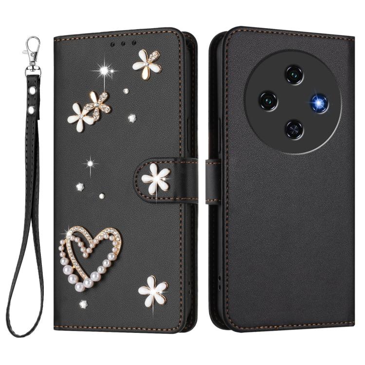For Oukitel C5 4G ZS01 Double-Layer Heart Floral Vegan Leather Phone Case with Wrist Strap