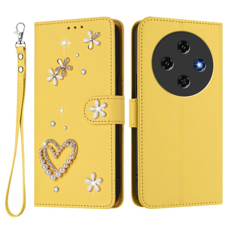 For Oukitel C5 4G ZS01 Double-Layer Heart Floral Vegan Leather Phone Case with Wrist Strap