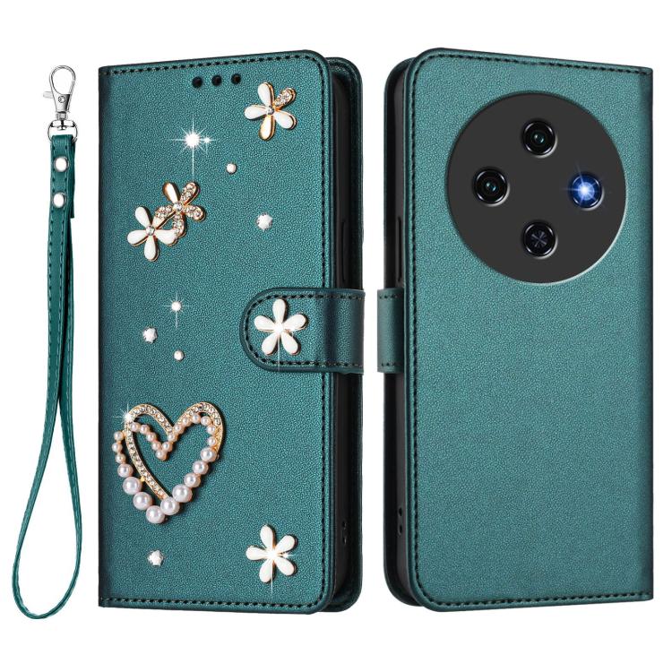 For Oukitel C5 4G ZS01 Double-Layer Heart Floral Vegan Leather Phone Case with Wrist Strap