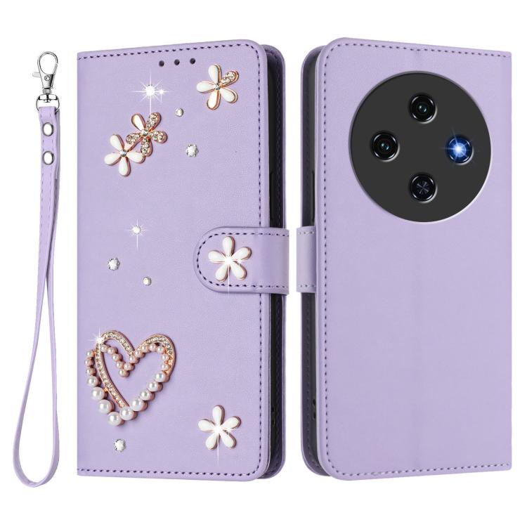 For Oukitel C5 4G ZS01 Double-Layer Heart Floral Vegan Leather Phone Case with Wrist Strap