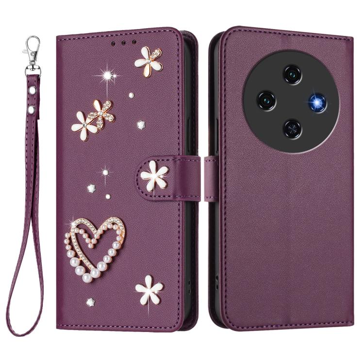 For Oukitel C5 4G ZS01 Double-Layer Heart Floral Vegan Leather Phone Case with Wrist Strap