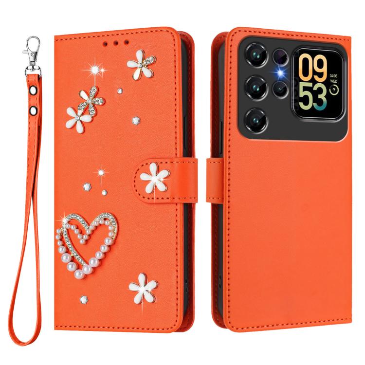 For Oukitel C62 / C62 Pro ZS01 Double-Layer Heart Floral Vegan Leather Phone Case with Wrist Strap