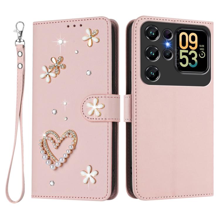 For Oukitel C62 / C62 Pro ZS01 Double-Layer Heart Floral Vegan Leather Phone Case with Wrist Strap