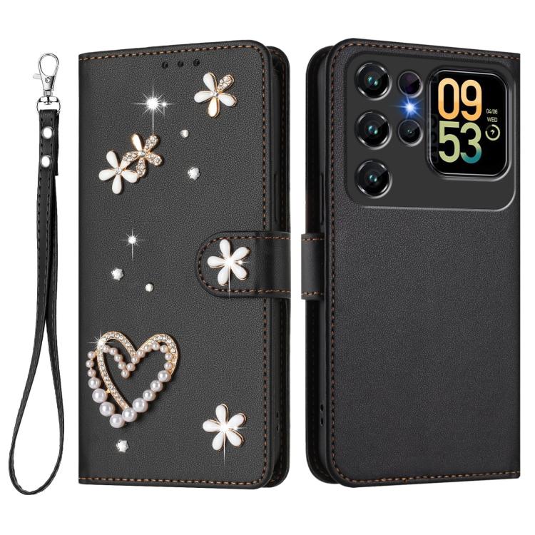 For Oukitel C62 / C62 Pro ZS01 Double-Layer Heart Floral Vegan Leather Phone Case with Wrist Strap
