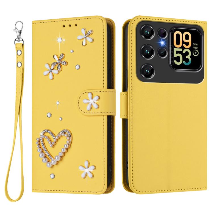 For Oukitel C62 / C62 Pro ZS01 Double-Layer Heart Floral Vegan Leather Phone Case with Wrist Strap