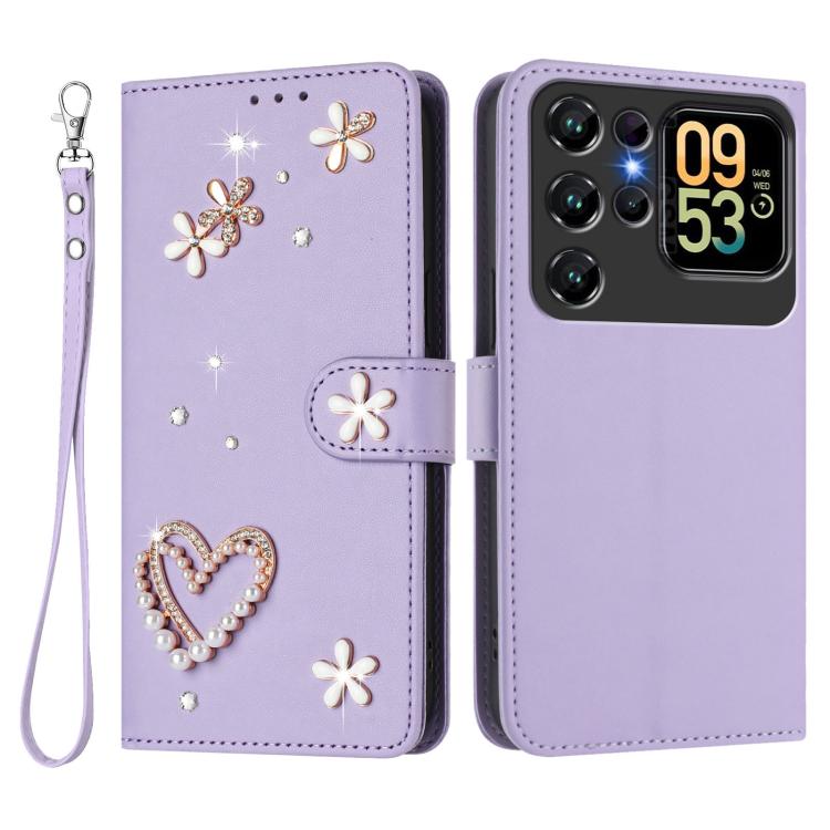 For Oukitel C62 / C62 Pro ZS01 Double-Layer Heart Floral Vegan Leather Phone Case with Wrist Strap