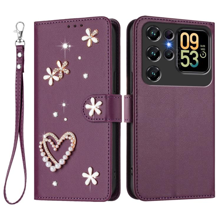 For Oukitel C62 / C62 Pro ZS01 Double-Layer Heart Floral Vegan Leather Phone Case with Wrist Strap